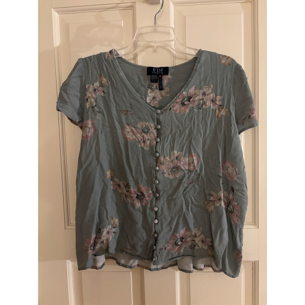 FDJ French Dressing Jeans Floral Button Down Blouse Sage Green Pink Large